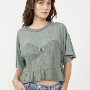 NWT Free People Fall In Love Lace Peplum Hem Tee T-shirt Blouse Army Green XL